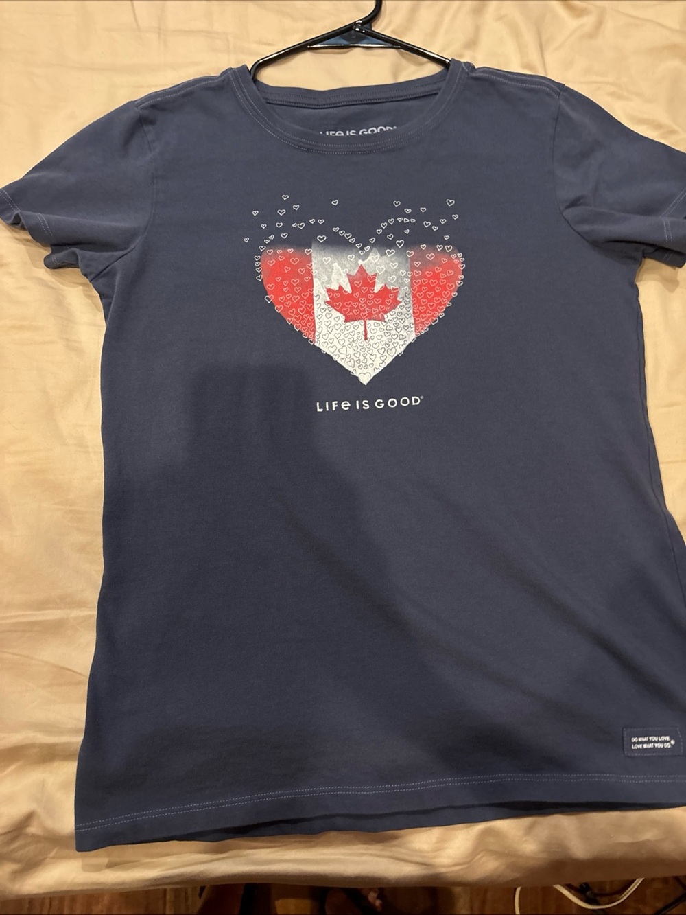 Life Is Good Crusher Women’s Navy Tee with Red & White Canadian Heart Graphic